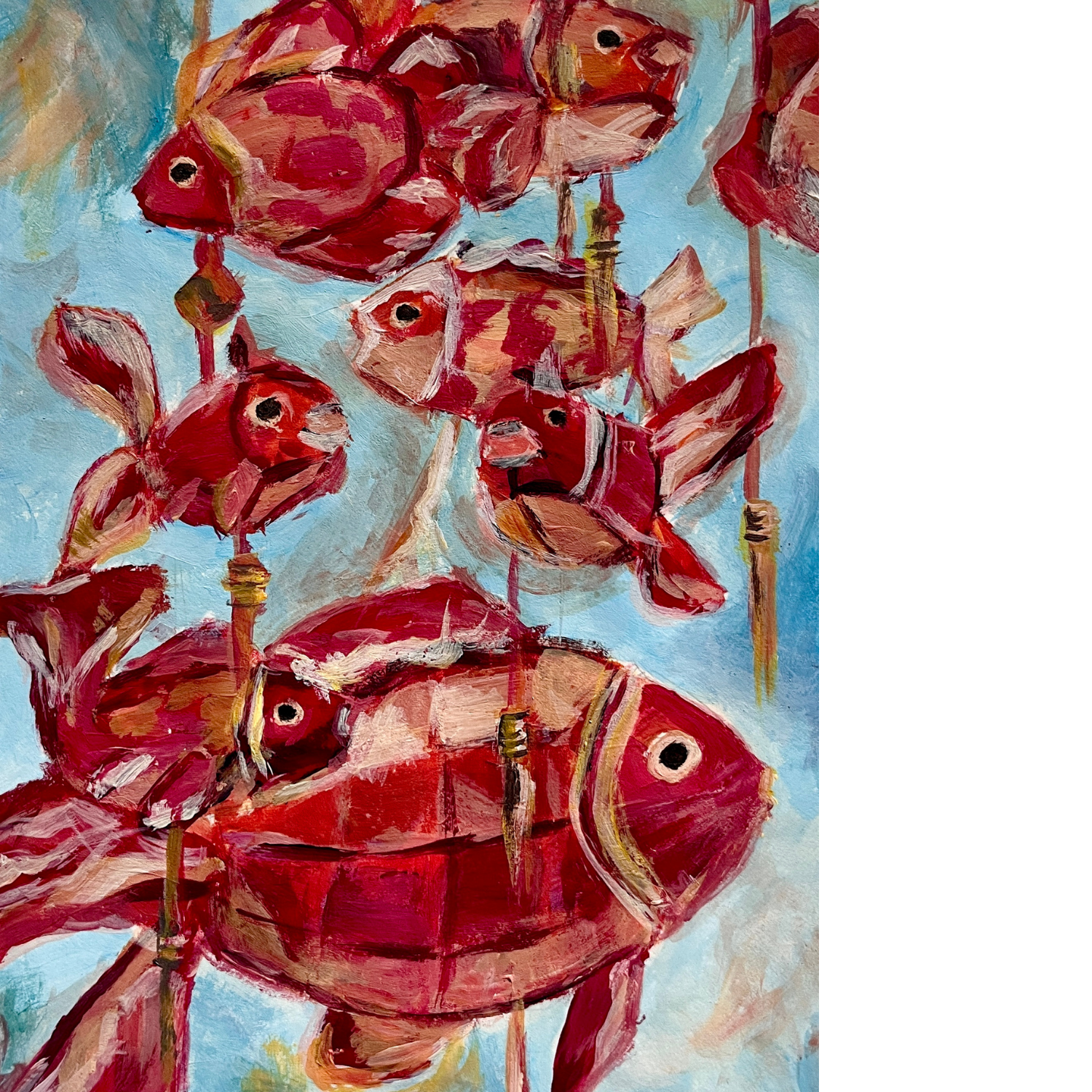 Whimsical red fish suspended against a pale blue background