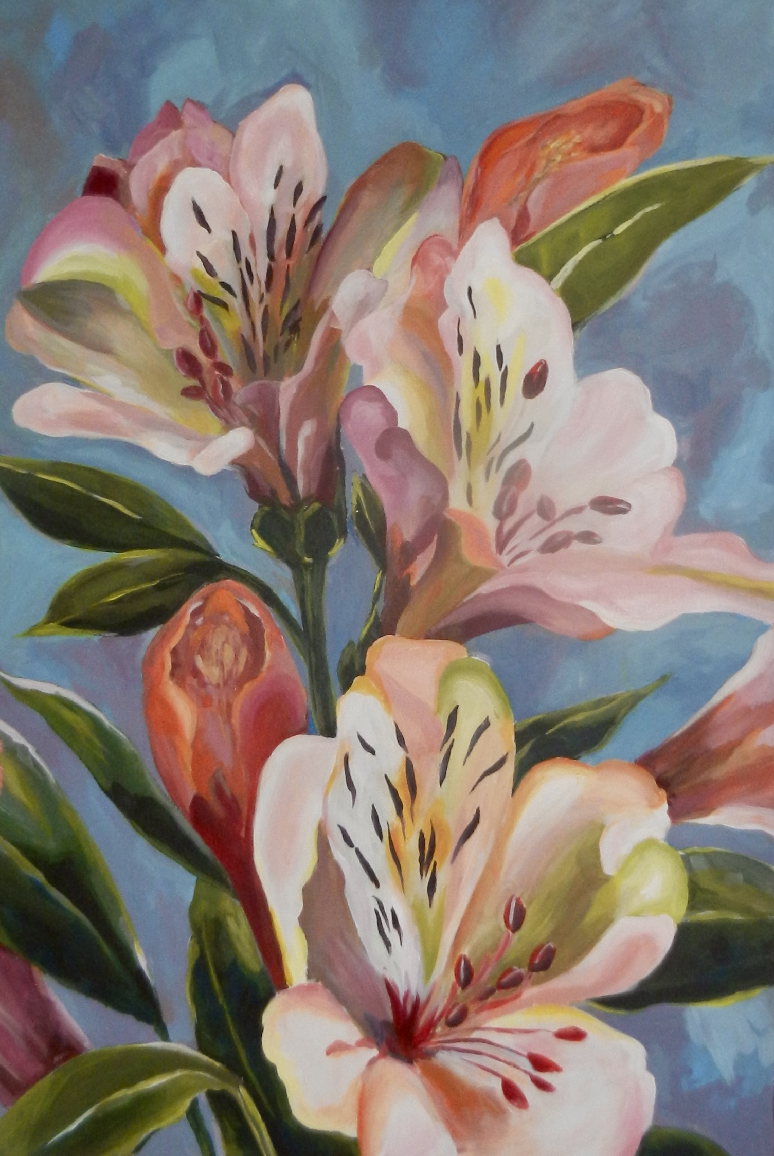 Painting of pink flowers against a blue background