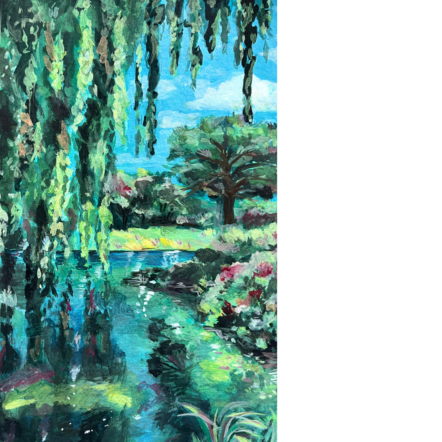 Lush garden and pond beneath hanging willow branches