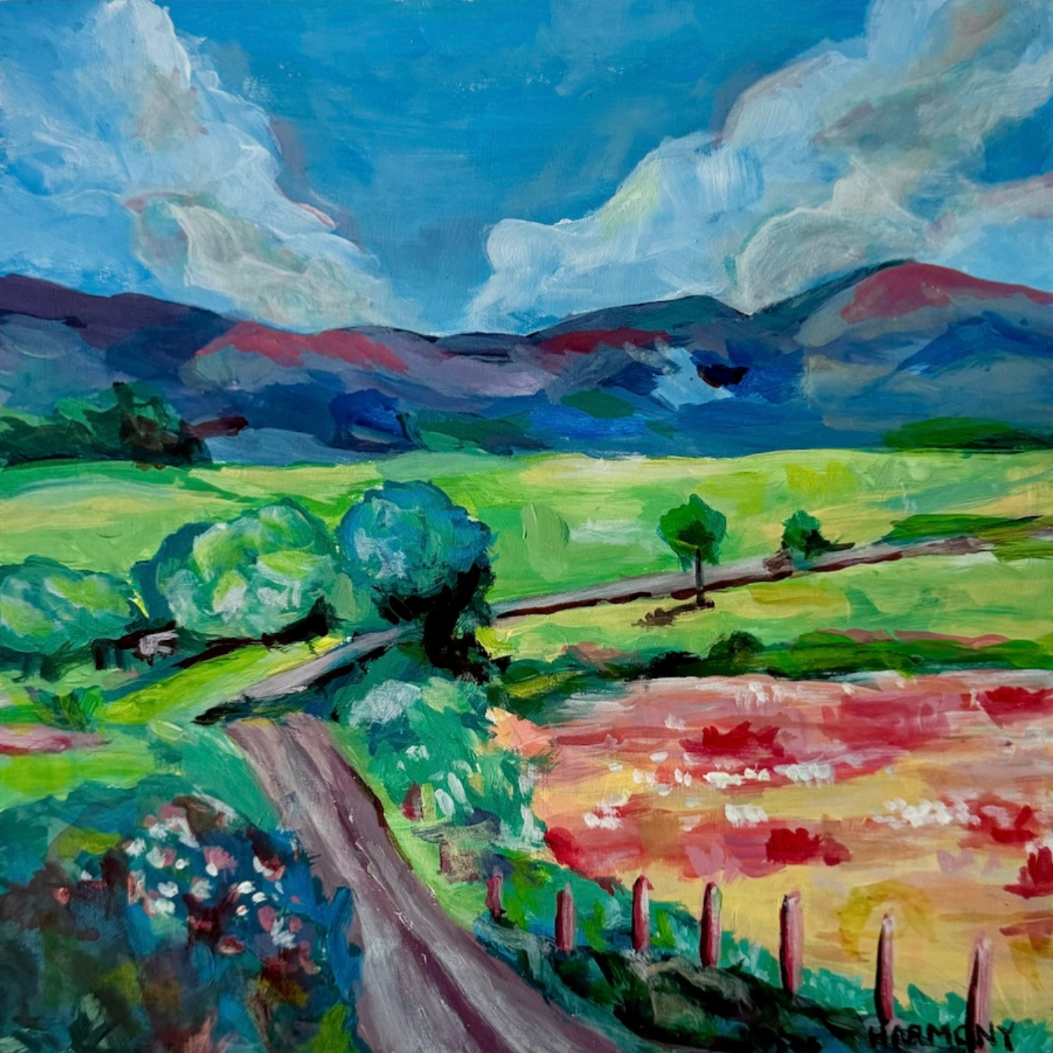 Colourful countryside landscape beneath a blue sky